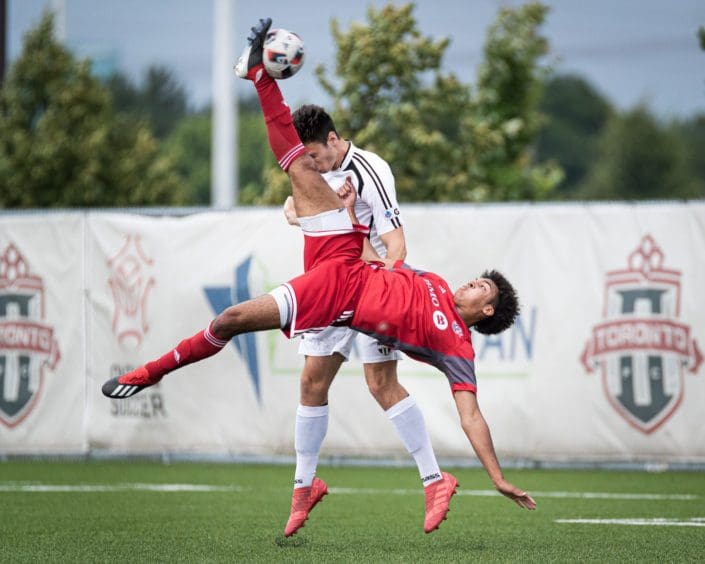 TORONTO, ON - JUL. 13, 2019: Tyrone Mulder of Windsor TFC scores a bicycle kick goal against Ottawa South United in League1 Ontario action.